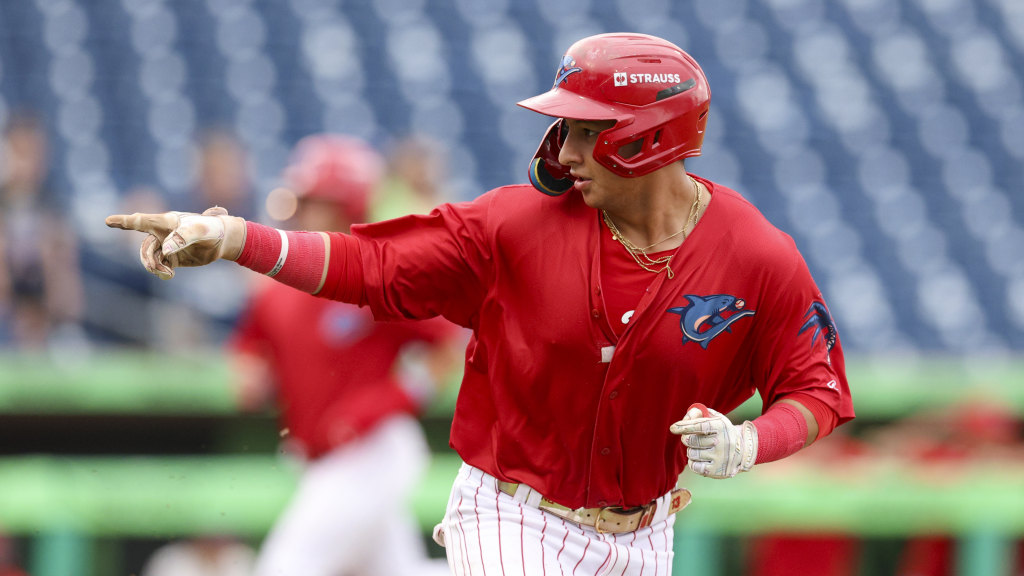 Phillies prospect Nolan Beltran celebrates a go-ahead single during a comeback win for the Clearwater Threshers.