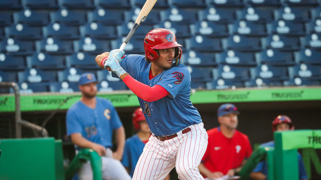 Phillies #28 prospect Keaton Anthony digs in for a pitch in a rehab game with the Threshers.
