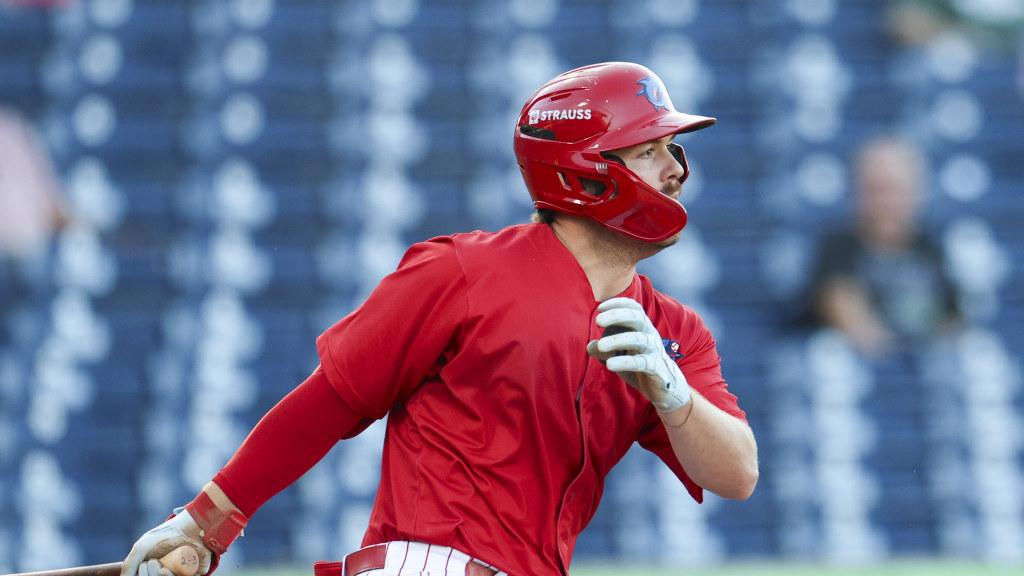 Phillies outfield Nathan Humphreys drives in a run in a game for the Clearwater Threshers.