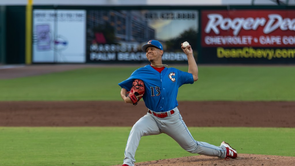 Phillies pitching prospect Zuher Yousuf sends a pitch towards the plate in a Threshers win over the Cardinals.