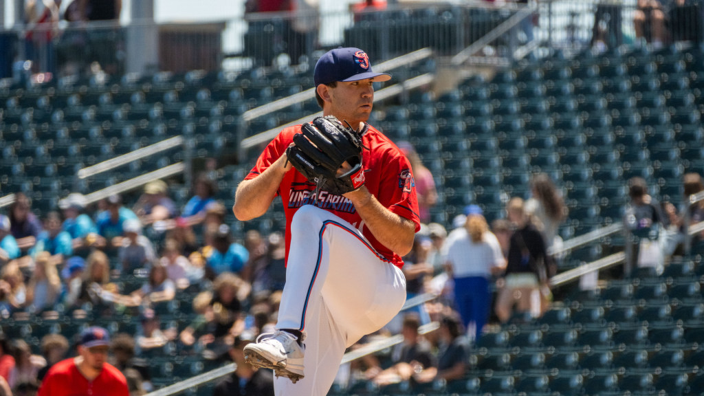 Josh White tossed 2.0 scoreless innings in Saturday's loss at Worcester. (Wyatt Lucovsky/Jacksonville Jumbo Shrimp)