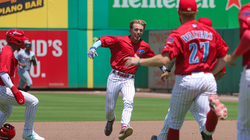 Phillies non-drafted free agent Tyler Pettorini celebrates his walkoff single in Threshers win over Lakeland.