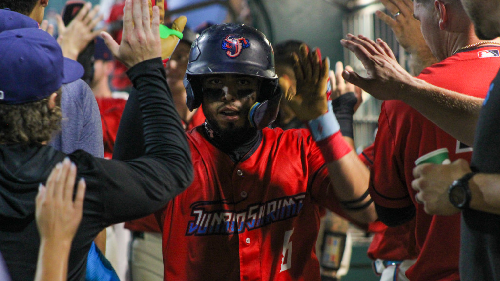 **Jared Serna’s** three-run homer in the sixth inning pushed the Jacksonville Jumbo Shrimp ahead of the Memphis Redbirds en route to a 9-5 win Friday night at VyStar Ballpark. (Skylar Catherwood/Jacksonville Jumbo Shrimp)