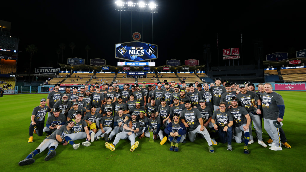 Members of the Milwaukee Brewers pose for a photo on the field after advancing to the World Series by winning Game Four of the National League Championship Series between the Milwaukee Brewers and the Los Angeles Dodgers at UNIQLO Field at Dodger Stadium on Thursday, October 15, 2026 in Los Angeles, California.