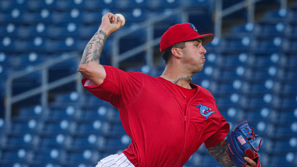 Phillies pitching prospect Tanner Gresham fires in a pitch in a Threshers win