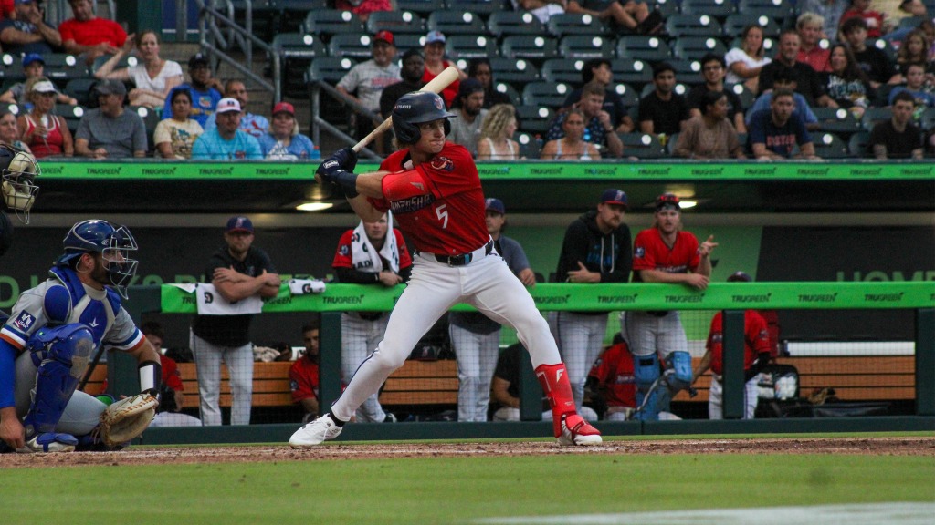 Johnny Olmstead drives in a pair in Jacksonville's 10-9 loss to Durham Friday night. (Skylar Catherwood/Jacksonville Jumbo Shrimp)