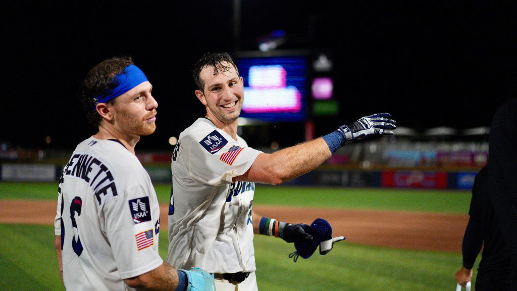 Jay Beshears celebrates his walk-off homer over the Montgomery Biscuits on Friday night.