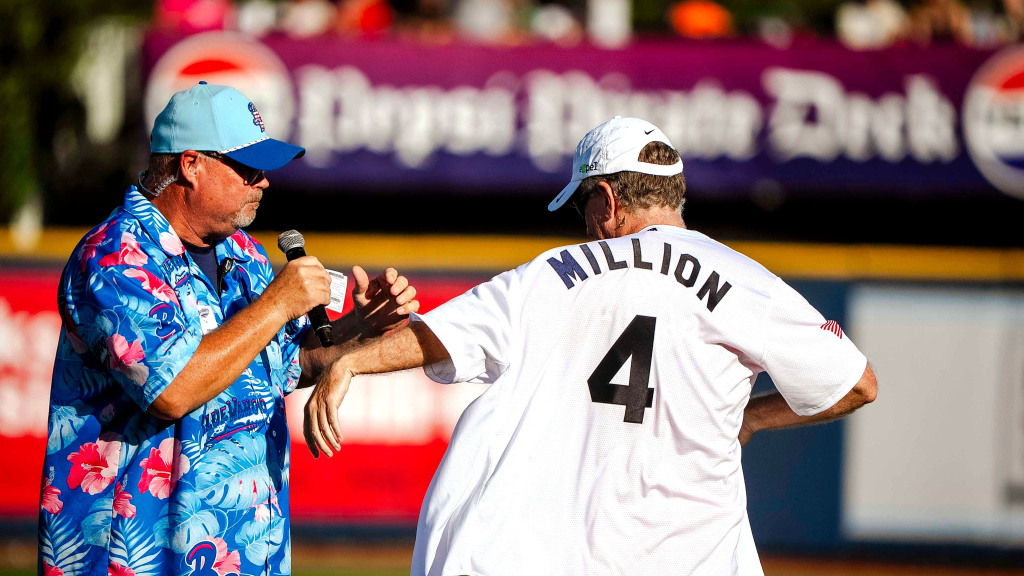 David Stouffer shows off his special jersey before throwing a ceremonial first pitch Aug. 7 to celeb rate being the 4-millionth fan at Blue Wahoos Stadium.