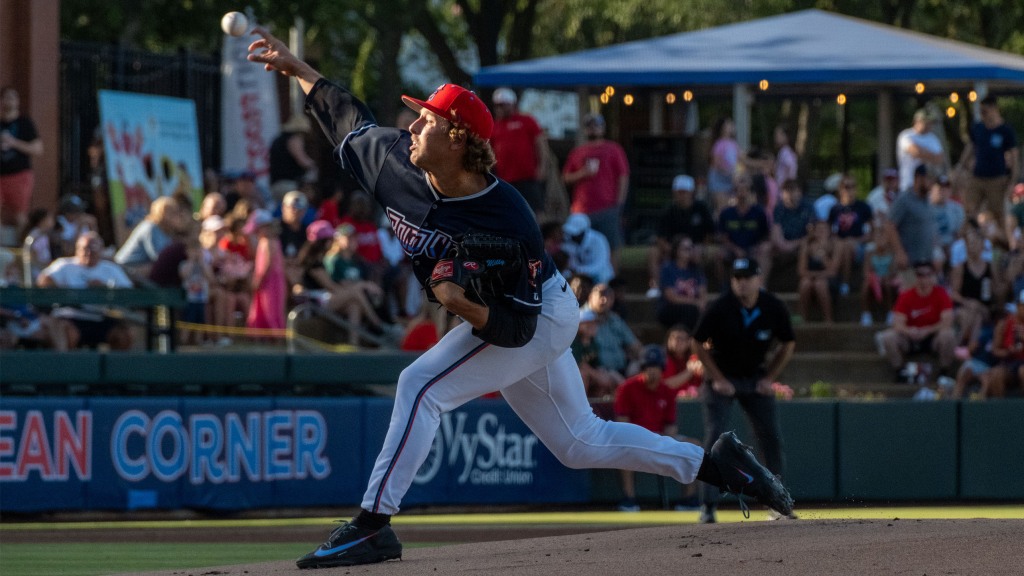 Karson Milbrandt spins six scoreless innings in his Triple-A debut, Saturday night. (Wyatt Lucovsky/Jacksonville Jumbo Shrimp)