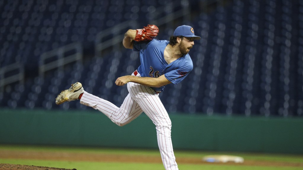 Phillies pitching prospect James Tallon fires in a strike during a save for the Clearwater Threshers.