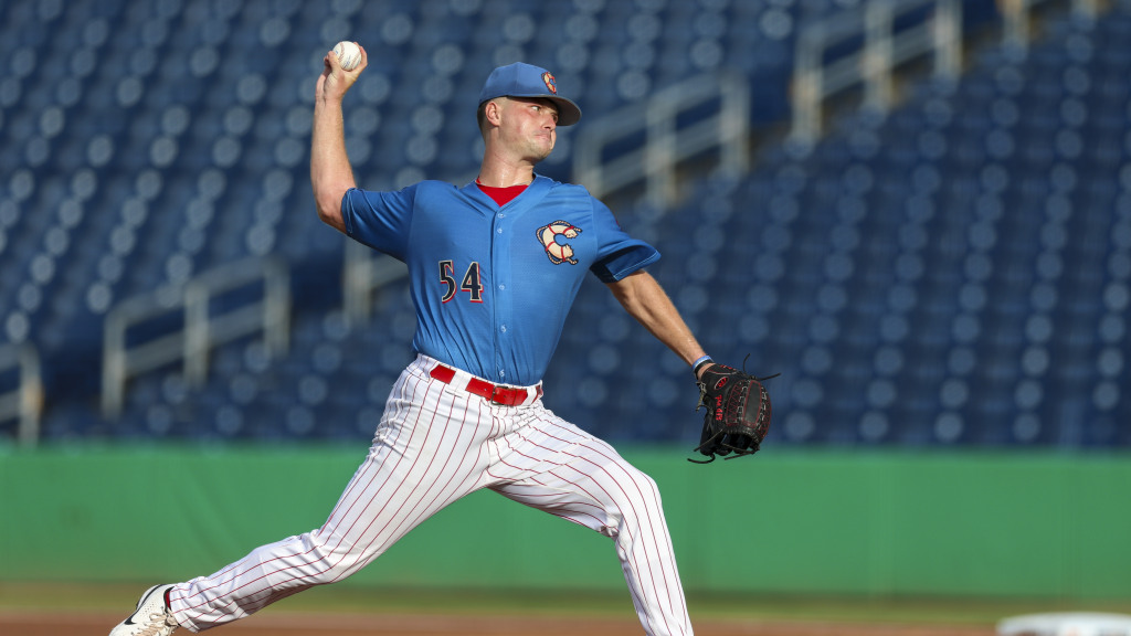 Phillies pitching prospect Cole Gilley fires in a strike during a start for the Threshers at BayCare Ballpark.