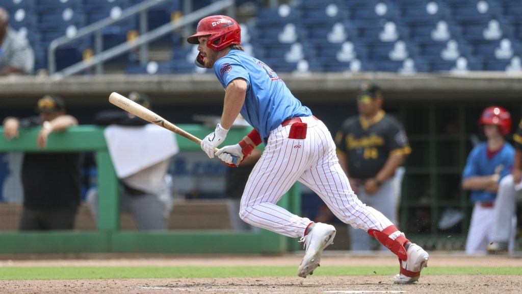 Phillies outfield prospect Nathan Humphreys heads to first after a base hit for the Threshers