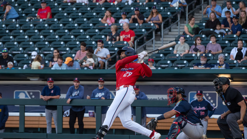 Rece Hinds went 2-for-4 with a home run on Sunday at Nashville. (Wyatt Lucovsky/Jacksonville Jumbo Shrimp)