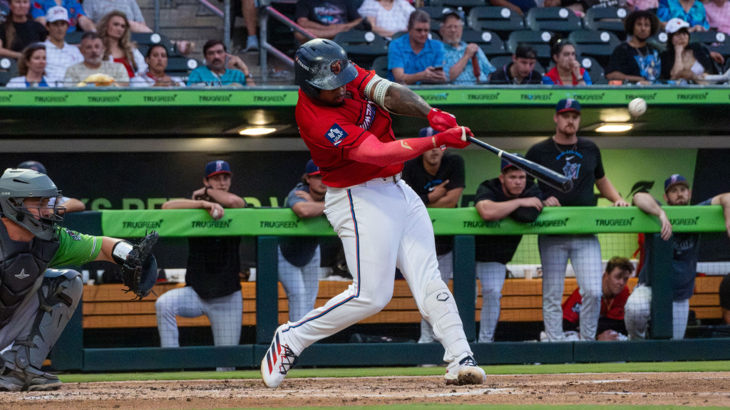 Deyvison De Los Santos crushes a two-run homer in Jacksonville's 5-4 loss to Gwinnett Friday night. (Wyatt Lucovsky/Jacksonville Jumbo Shrimp)