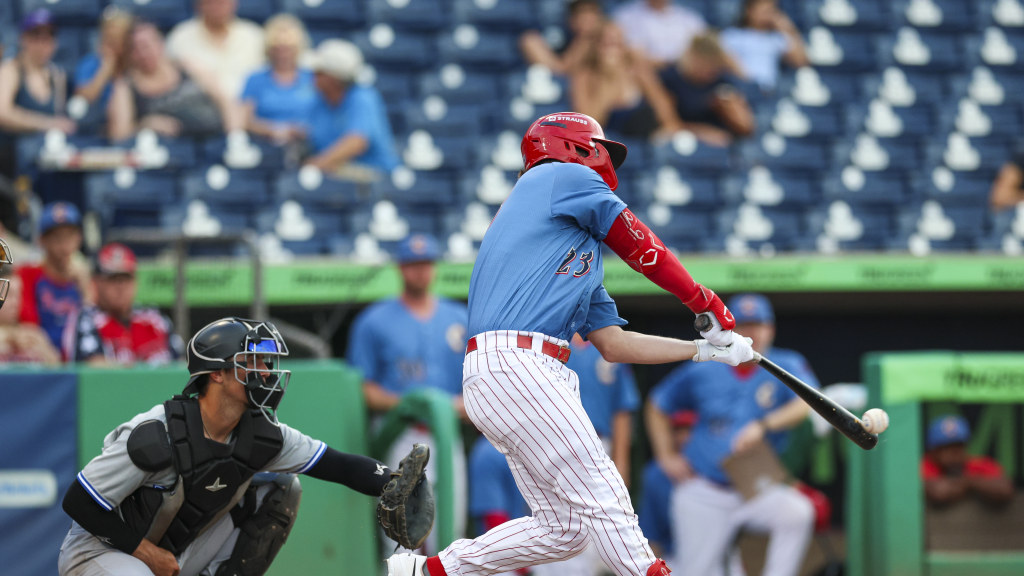 Phillies outfield prospect Nathan Humphreys connects on a hit for the Threshers in a win over Dunedin.