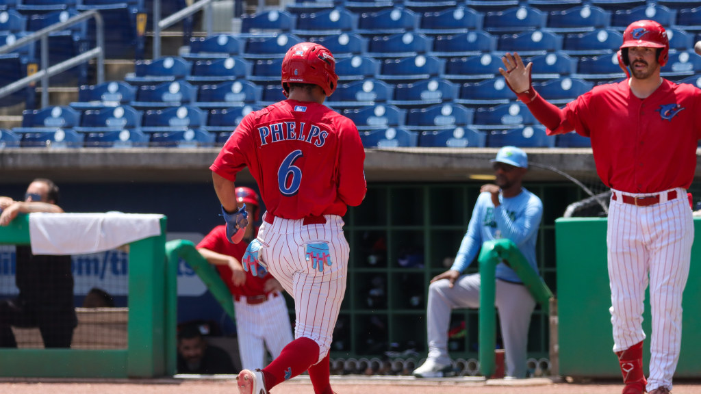 Phillies infield prospect Robert Phelps races home to score a run in a Threshers win at BayCare Ballpark.