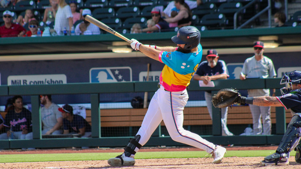 Matthew Etzel slugged a game tying homer in the sixth inning Sunday, his fourth of the week and 17th of the season. (Skylar Catherwood/Jacksonville Jumbo Shrimp)