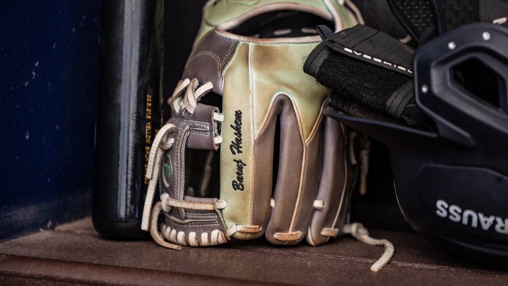 Glove rests on the bench in the Spartanburgers dugout.