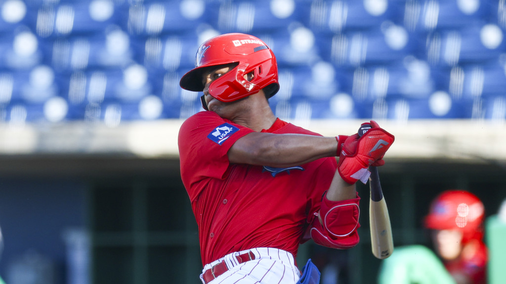 Phillies 19th-rounder Robert Phelps connects on a hit during a Threshers win.