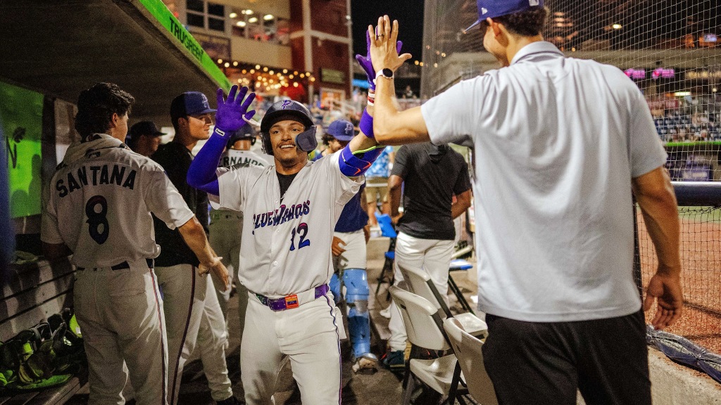 Infielder Juan Matheus (12) celebrating in dugout, has been among the hitters leading the way as the Blue Wahoos have surged to division lead.