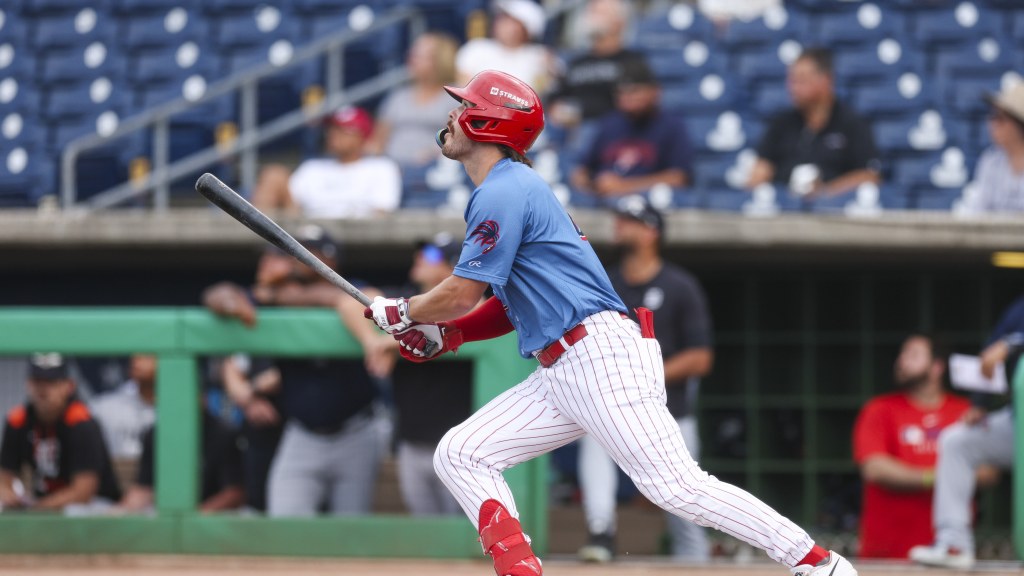 Phillies outfield prospect Nathan Humphreys connects on a hit during a start for the Threshers.