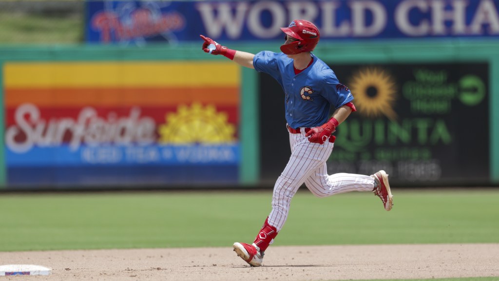 Phillies infield prospect Matthew Ferrara rounds the bases after a home run for the Threshers.