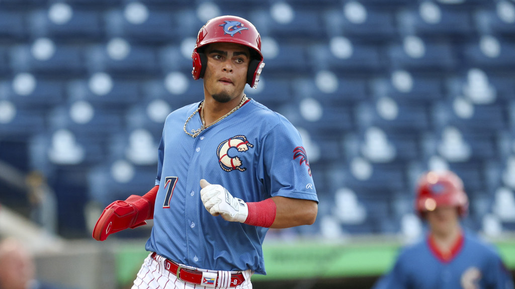 Top Phillies catching prospect Alirio Ferrebus heads towards first after a hit for the Threshers.