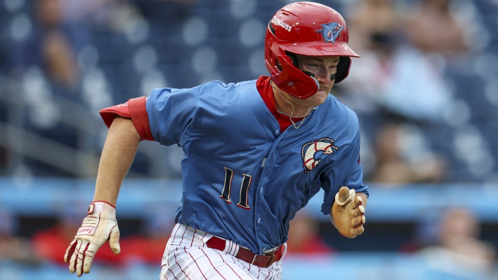 Phillies outfield prospect Jack Barker runs out a hit in a game for the Clearwater Threshers