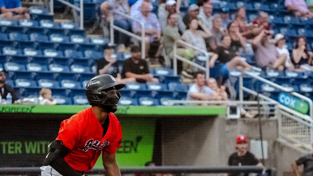 Former Pensacola Catholic star TJ McCants connects on a pitch on June 18 in game against Blue Wahoos.