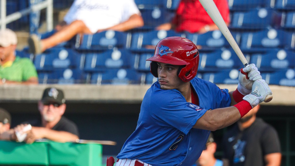 Phillies infield prospect Juan Villavicencio waits on a pitch during a Threshers game at BayCare Ballpark.