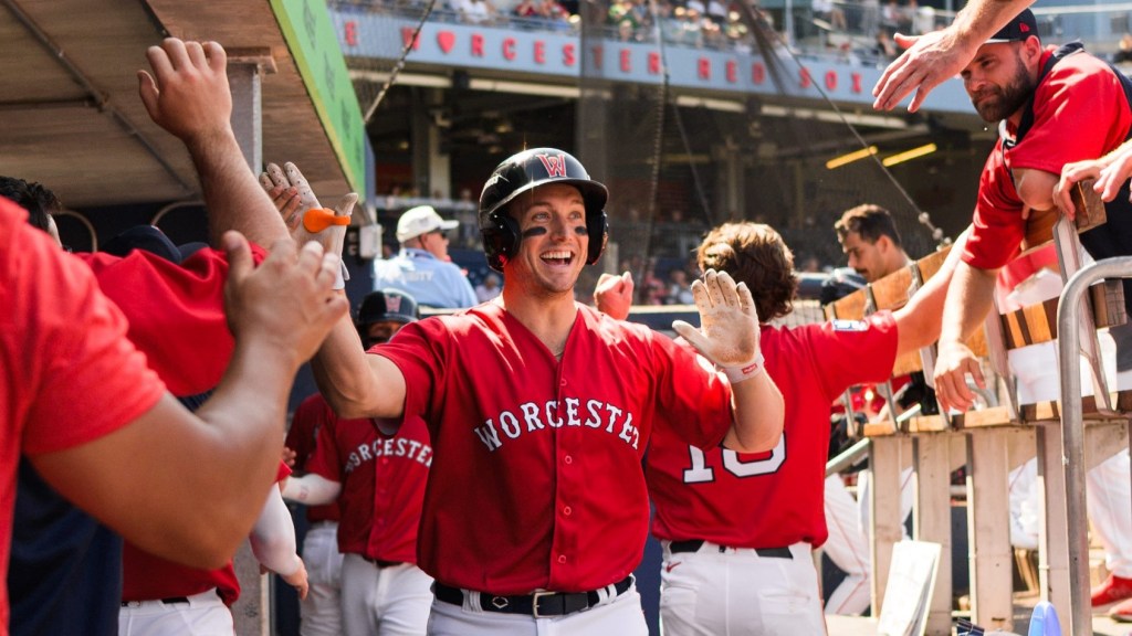 Worcester Red Sox DH Andrew Knizner had 3 hits, 3 walks, and 6 RBI to lead a happy group of WooSox to a 15-1 rout of the Jacksonville Jumbo Shrimp on Thursday afternoon at Polar Park.