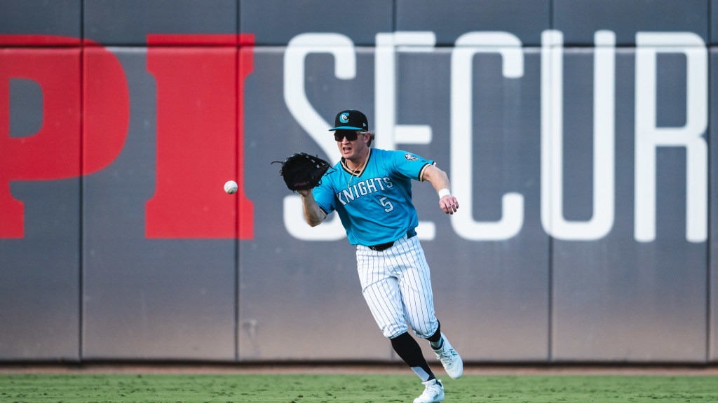 Caden Connor makes a play for the Knights in left field. Connor finished 2-for-4 with two runs scored on Saturday.