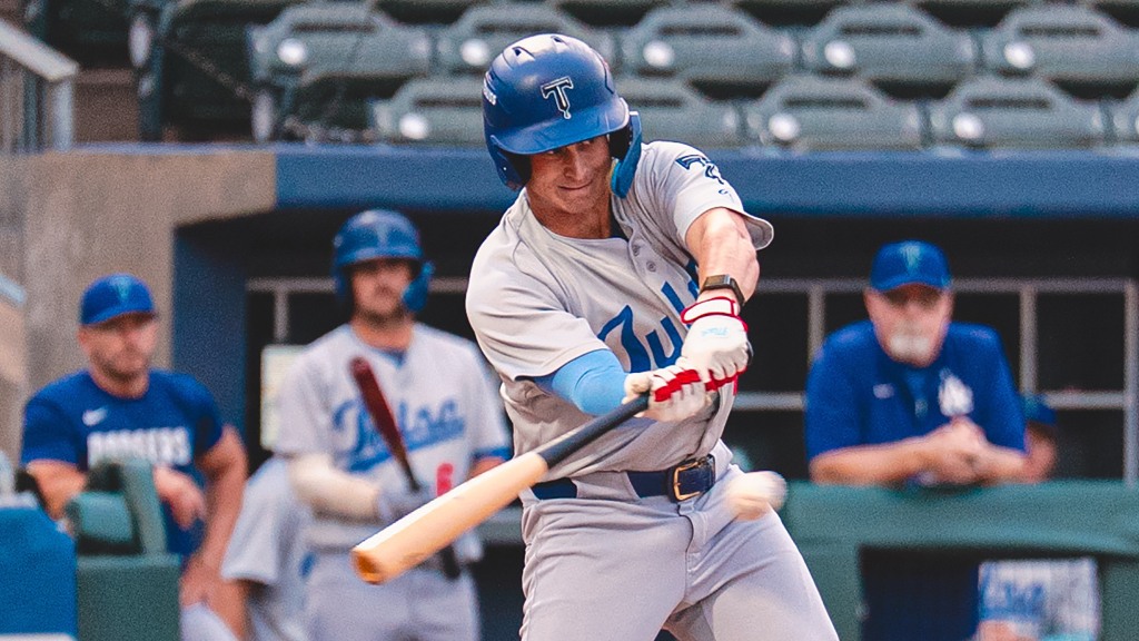 Elijah Hainline connects for a base hit during Tulsa's loss at Northwest Arkansas on Thursday night.