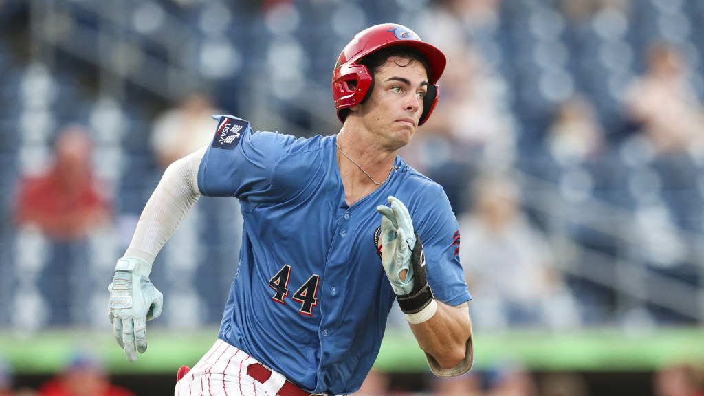 Phillies fifth-round pick Will Gasparino legs out a base hit during a start for the Clearwater Threshers