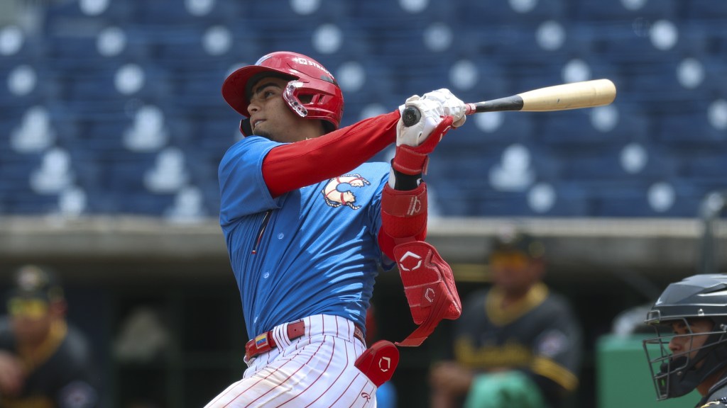 Phillies #21 prospect Alirio Ferrebus takes a swing for the Threshers in a game against the Marauders.