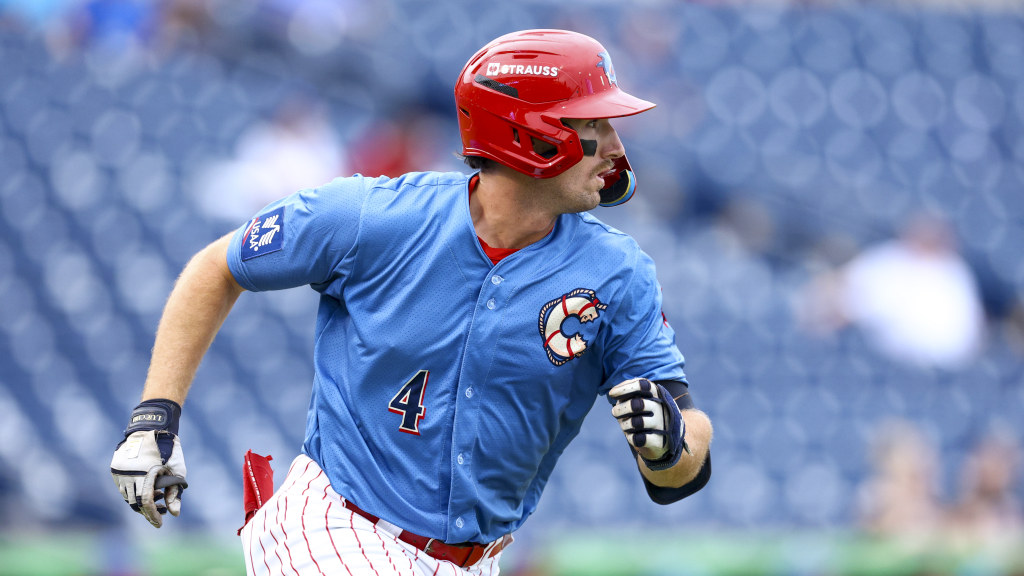 Phillies outfield prospect Jonathan Hogart rounds the bases after an RBI hit during a Threshers victory.