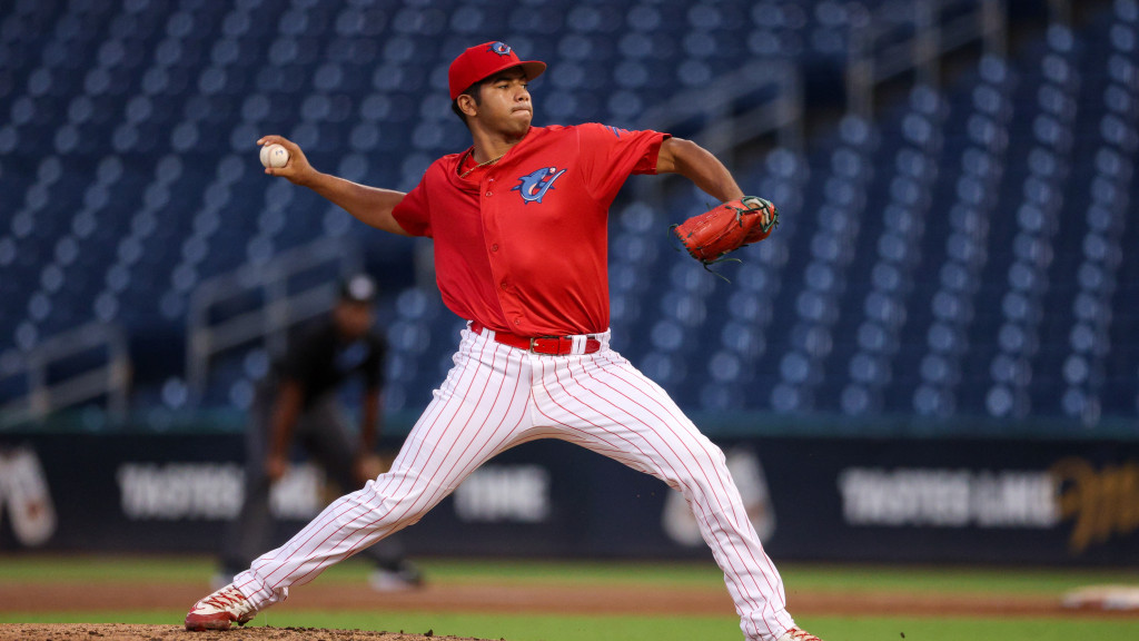 Phillies pitching prospect Luis Avila sends a pitch home during one of his innings with the Clearwater Threshers.