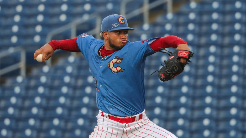 Phillies #15 prospect Brad Pacheco fires in a strike during a start for the Threshers at BayCare Ballpark.
