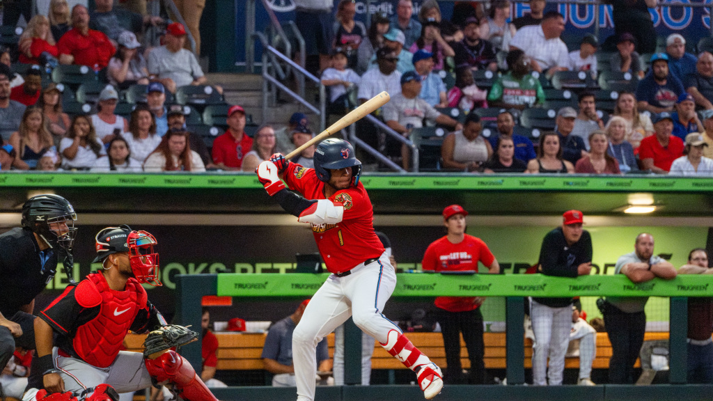 Jesús Bastidas went 3-for-5 with a double, two home runs and five RBIs in Tuesday's win at Memphis. (Wyatt Lucovsky/Jacksonville Jumbo Shrimp)