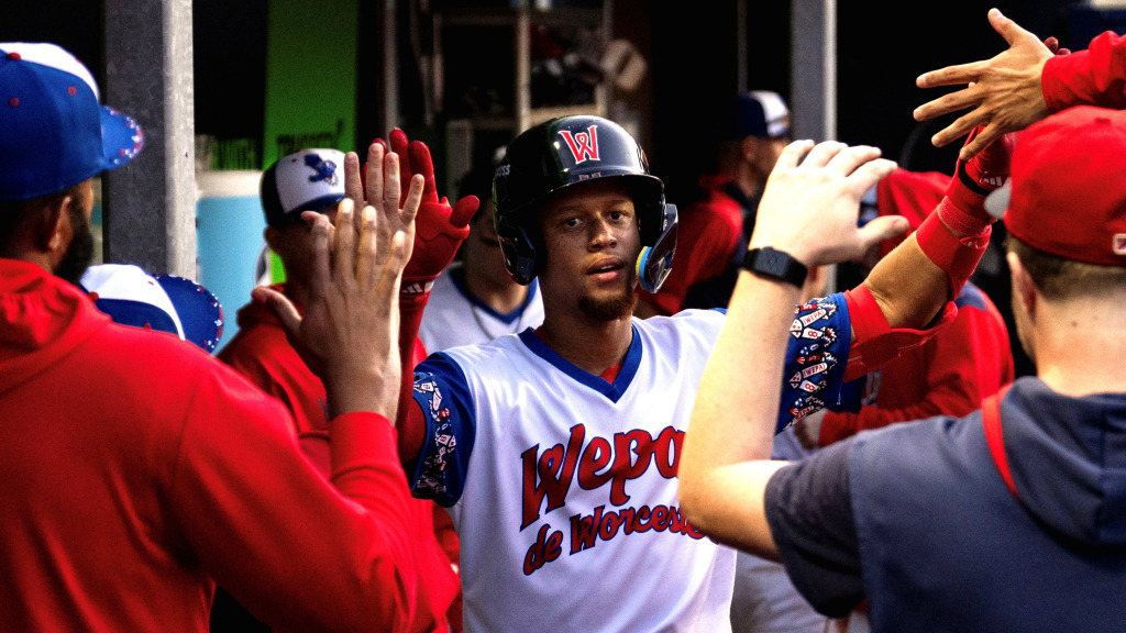 WooSox RF Kristian Campbell accepts congratulations from his teammates after his 6<sup>th</sup> inning homerun during Worcester’s come-from-behind, 7-6 victory on Tuesday night at Polar Park.