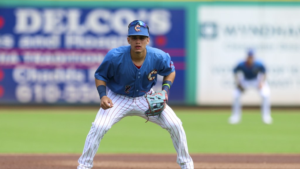 Phillies infield prospect Juan Villavicencio gets ready in the field during a Threshers win.