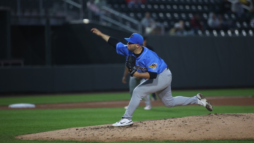 Dylan DeLucia delivers a pitch during Game 2 Sunday in Harrisburg.