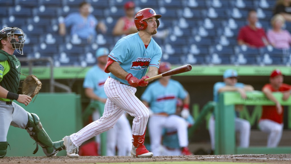 Phillies catching prospect Will Vierling connects on a base hit during a win at BayCare Balllpark.