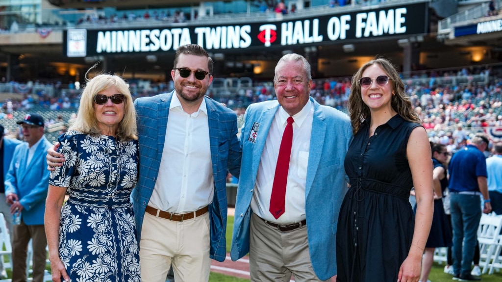Blue Wahoos broadcaster Erik Bremer joins with his mother Heidi and sister Hannah at Target Field on July 11 to celebrate his father Dick Bremer's induction into the Minnesota Twins Hall of Fame.