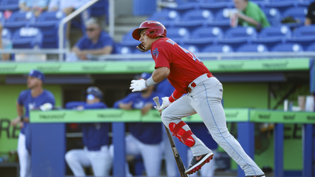 Infielder Nolan Beltran heads to first after a base hit for the Clearwater Threshers