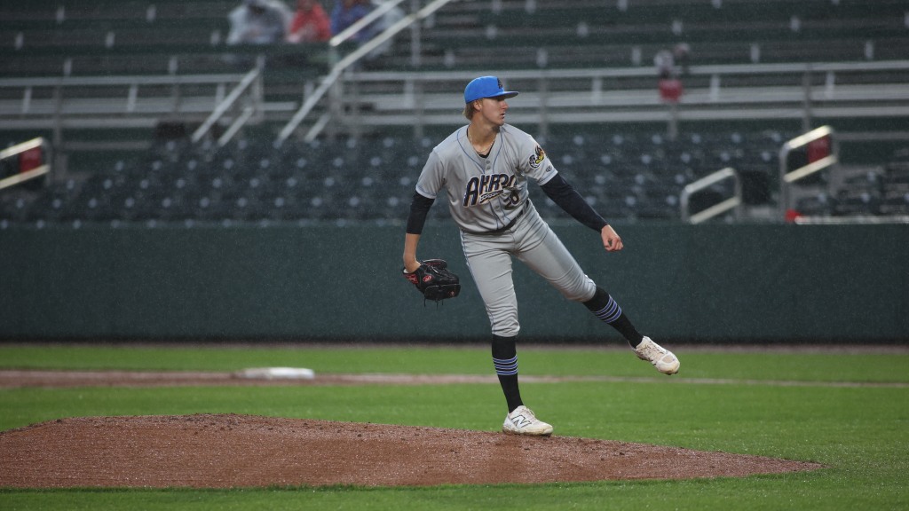 Josh Hartle delivers a pitch against the Harrisburg Senators at FNB Field Saturday night.