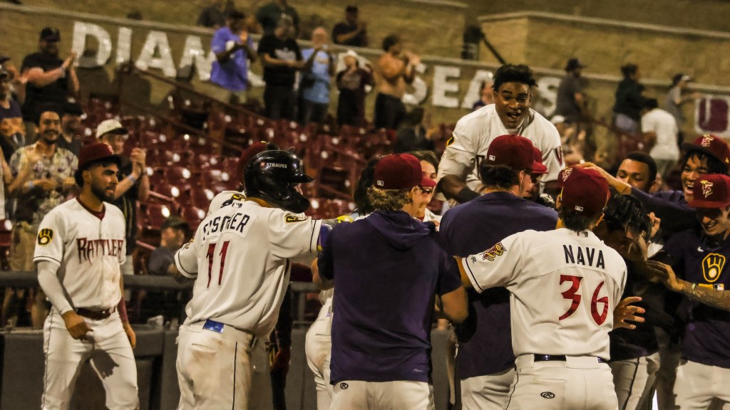 The Wisconsin Timber Rattlers celebrate their eleventh-inning walkoff victory over the Great Lakes Loons on June 9.