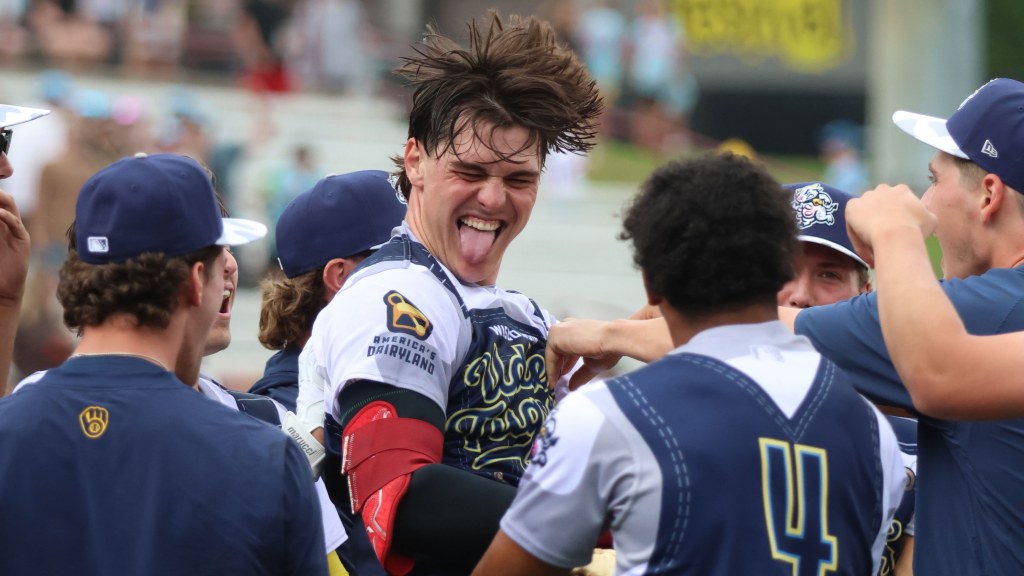 Eric Bitonti celebrates with his teammates after his walkoff grand slam to beat the Cedar Rapids Kernels on June 28, 2026