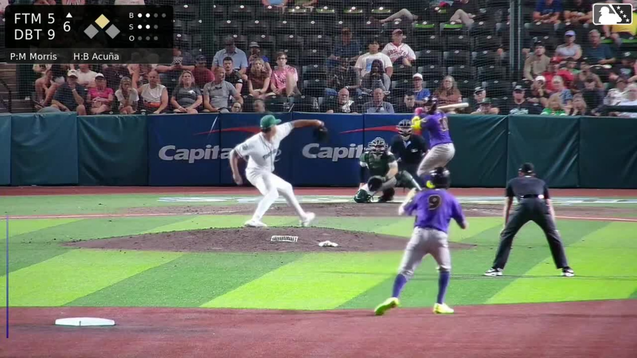 Bryan Acuña doubles (1) on a fly ball to left fielder Bernard Moon. Byron Chourio scores.