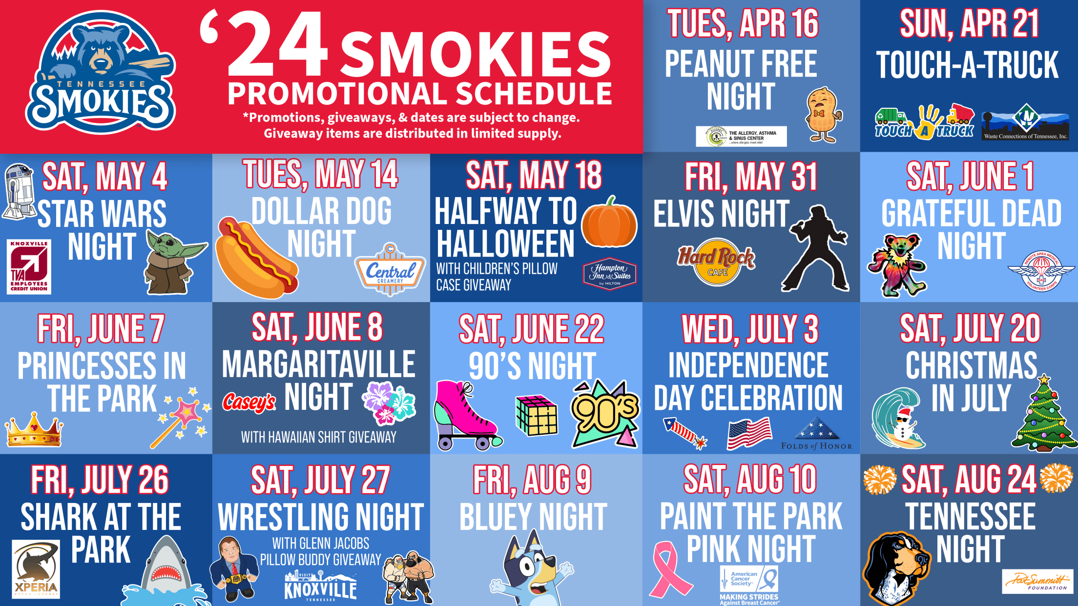 Tennessee Smokies Announce 2024 Promotions & Giveaway Schedule